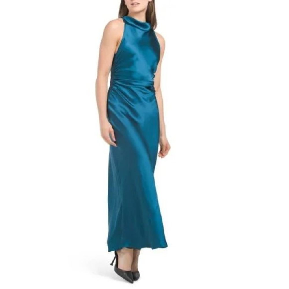NWT House of Harlow 1960 Teal Blue Halter Dress Cocktail Cowl neck Satin Maxi M - Picture 3 of 12